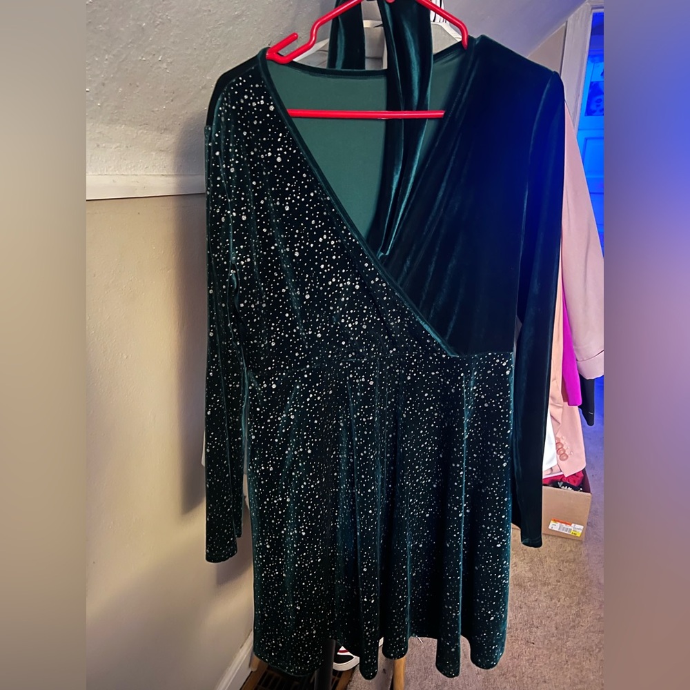 SHEIN Green Velvet Dress with Silver Accents